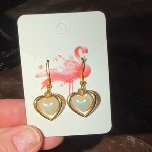 Gold Heart Dangle Earrings with Iridescent Center